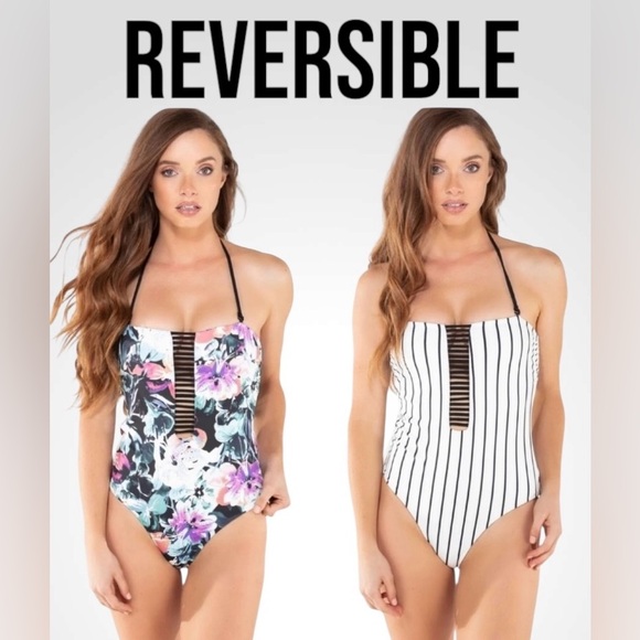 WET SWIMWEAR | Brie Reversible Floral and Striped one piece Swimsuit NWT size S - Picture 1 of 11